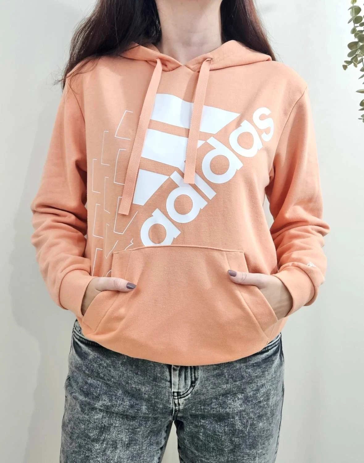 Sweat à capuche hoodie adidas rose pêche saumon logo blanc taille S - FP251295