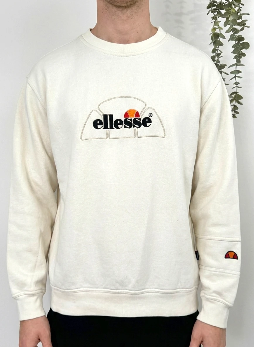 Sweat Crewneck vintage brodé Ellesse écru logo taille M
