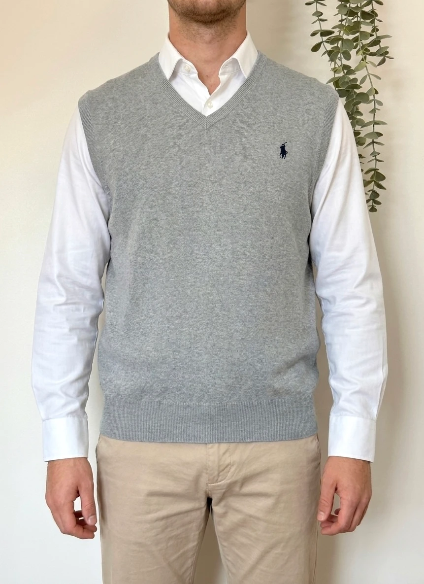 Pull sans manches Polo Ralph Lauren gris chiné logo bleu marine taille M - PP2603272