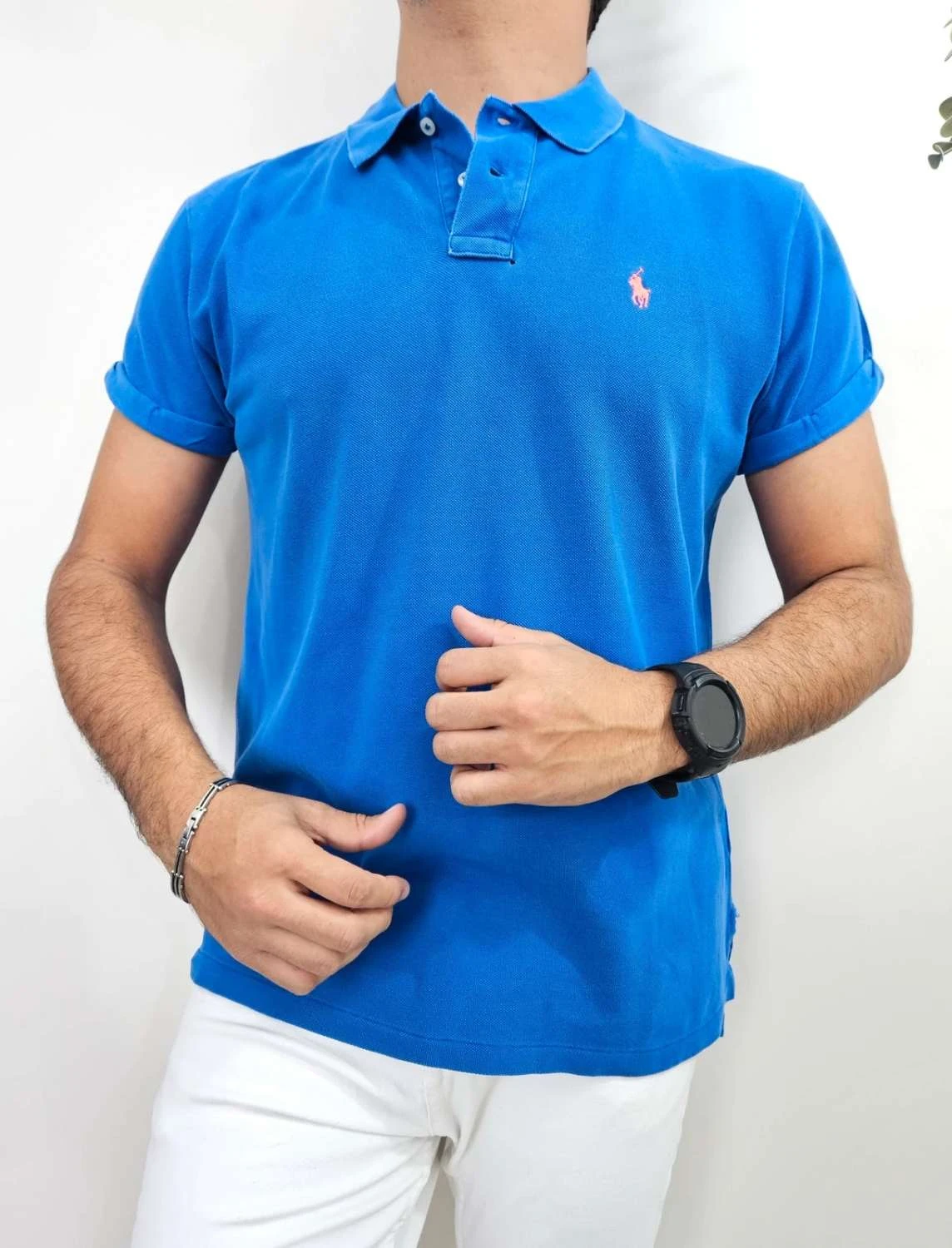 Polo manches courtes coton Polo Ralph Lauren boyfriend bleu logo rose taille XL - FP251240