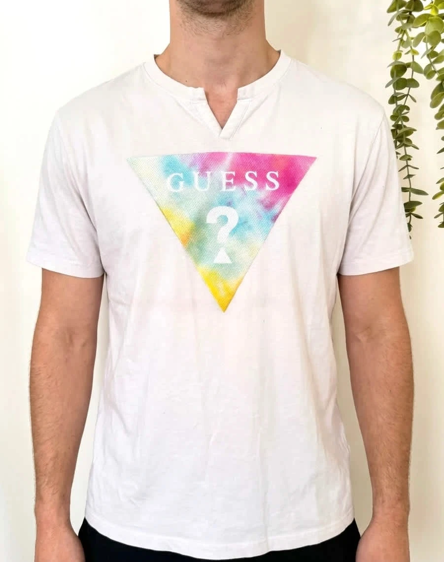 T-shirt coton Guess logo triangle multicolore rose clair col tunisien taille M - FP2512229