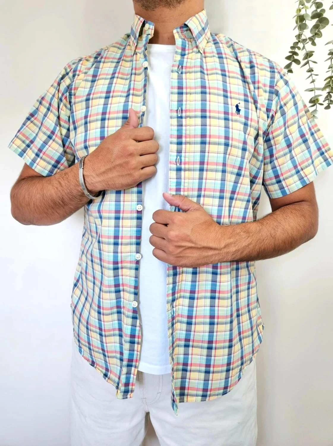 Chemise Ralph Lauren manches courtes à carreaux multicolores Custom Fit logo brodé bleu taille L