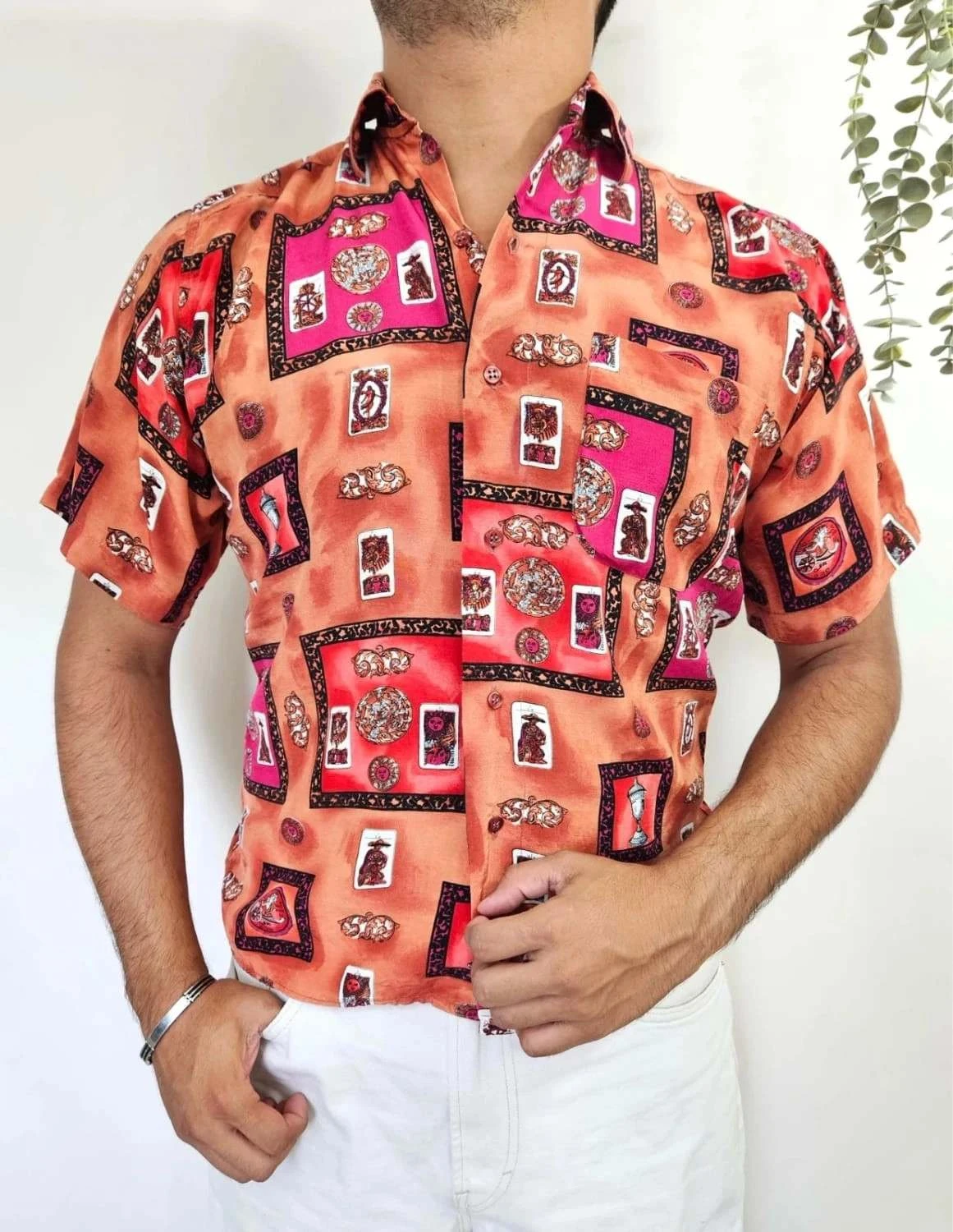 Chemise fluide manches courtes Armand Thiery Per L’Uomo vintage orange motifs baroques taille S