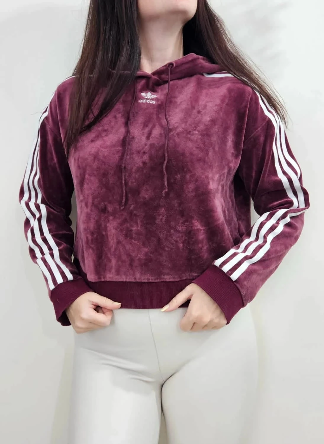 Adidas Originals hoodie sweat à capuche velours bordeaux coupe cropped 3 Stripes taille XS