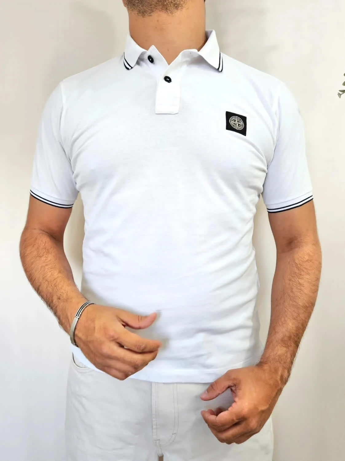 Polo Stone Island blanc slim fit en coton taille L