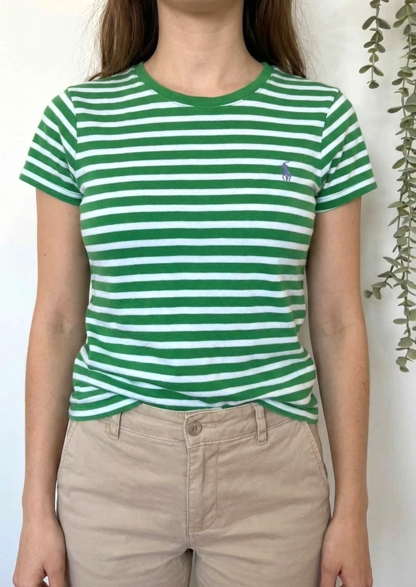 T-shirt rayé vert et blanc Ralph Lauren extensible logo brodé violet taille M