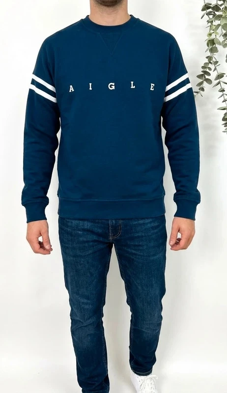 Sweat Crewneck Aigle bleu pétrole logo college manches bandes taille S