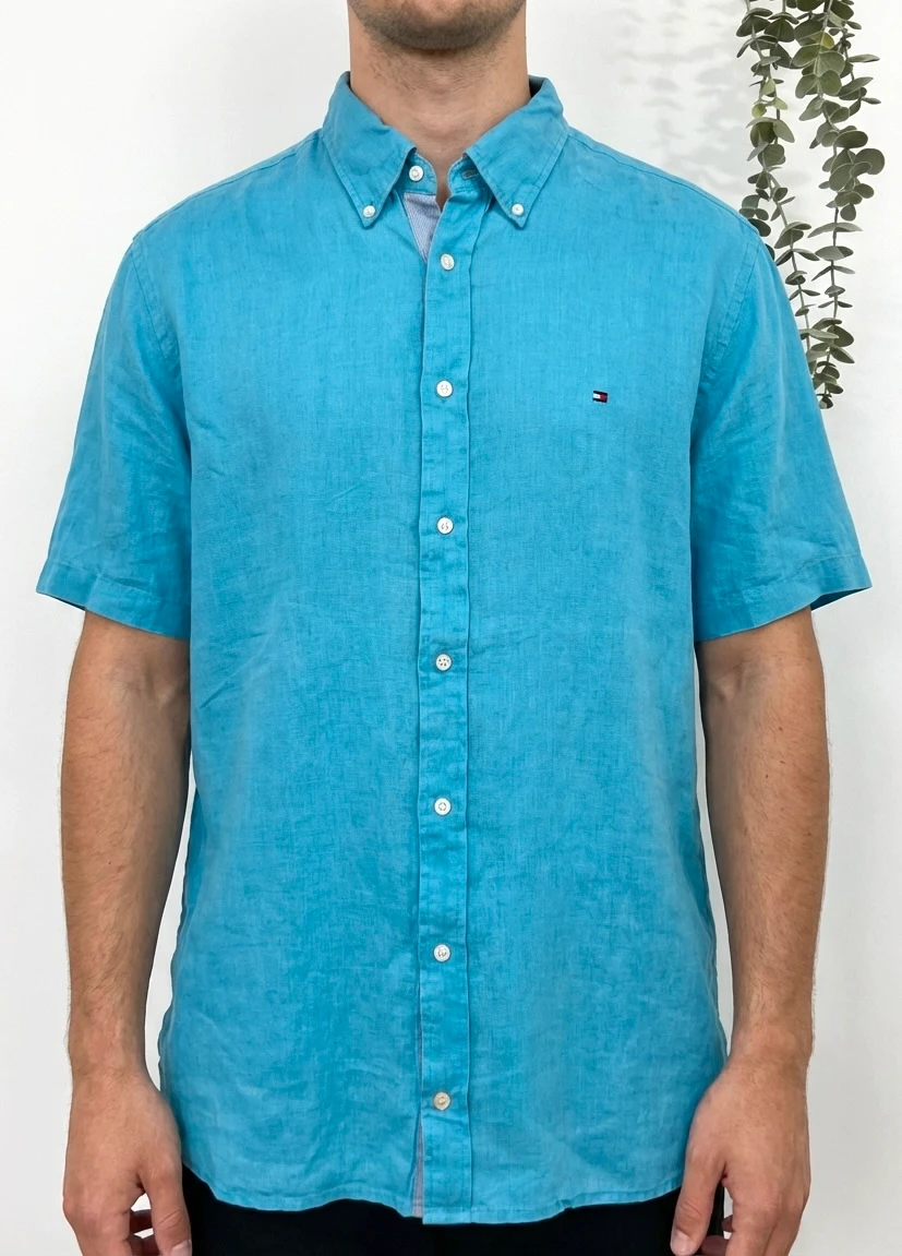 Chemise lin manches courtes Tommy Hilfiger bleu turquoise taille XL - FP260183