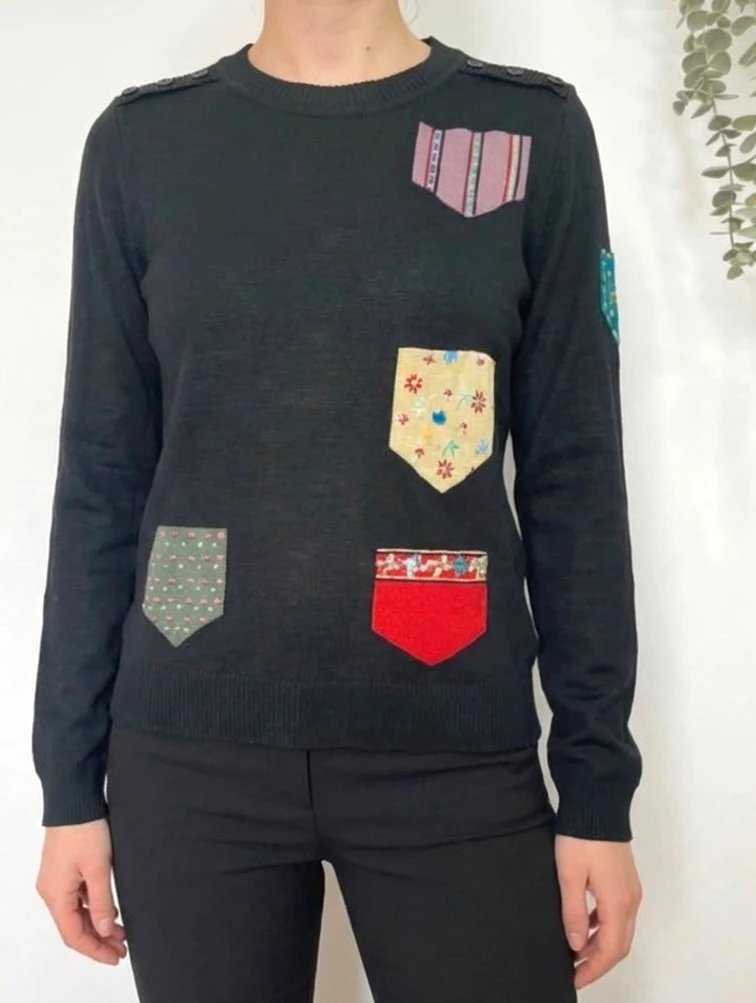 Pull Kenzo Jeans noir à patchs colorés brodés vintage Made In France taille M