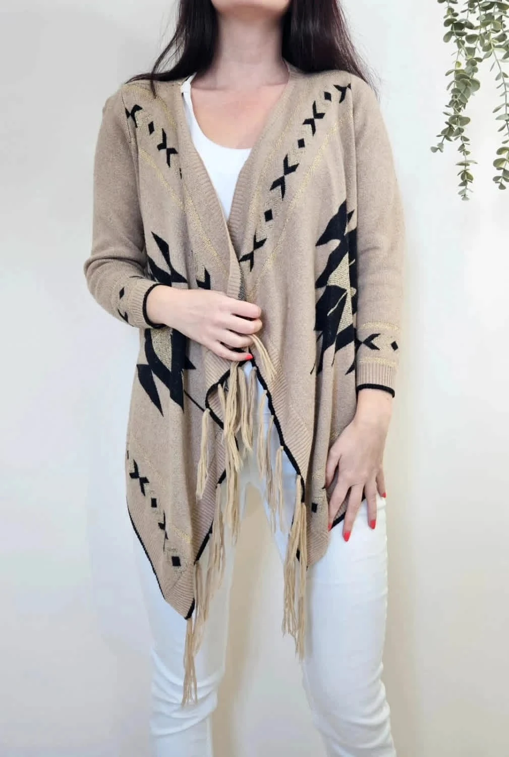 Cardigan beige et paillettes à motifs avec franges