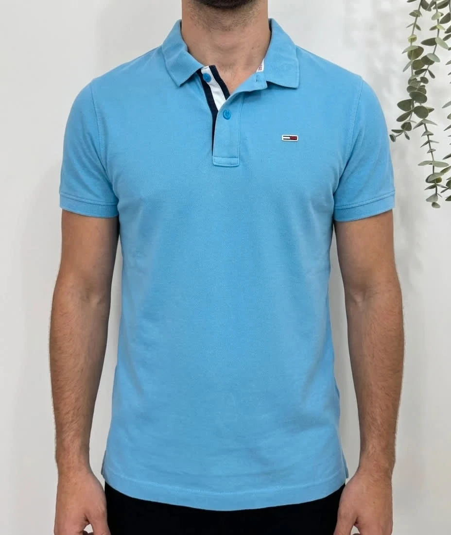 Polo piqué Tommy Jeans bleu clair logo drapeau taille S - FP251220
