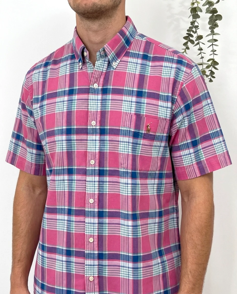 Chemise manches courtes slim fit Ralph Lauren rose carreaux taille XXL logo Premium - FP260188