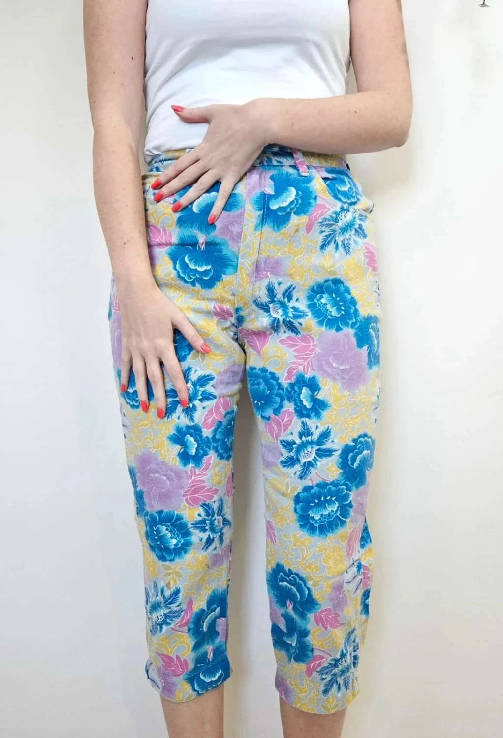 Pantalon court vintage jaune fleuri Frank Patrick taille 40