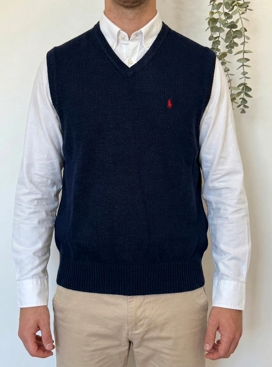 Pull sans manches Ralph Lauren lin maille ajourée bleu marine taille L - PP2603384