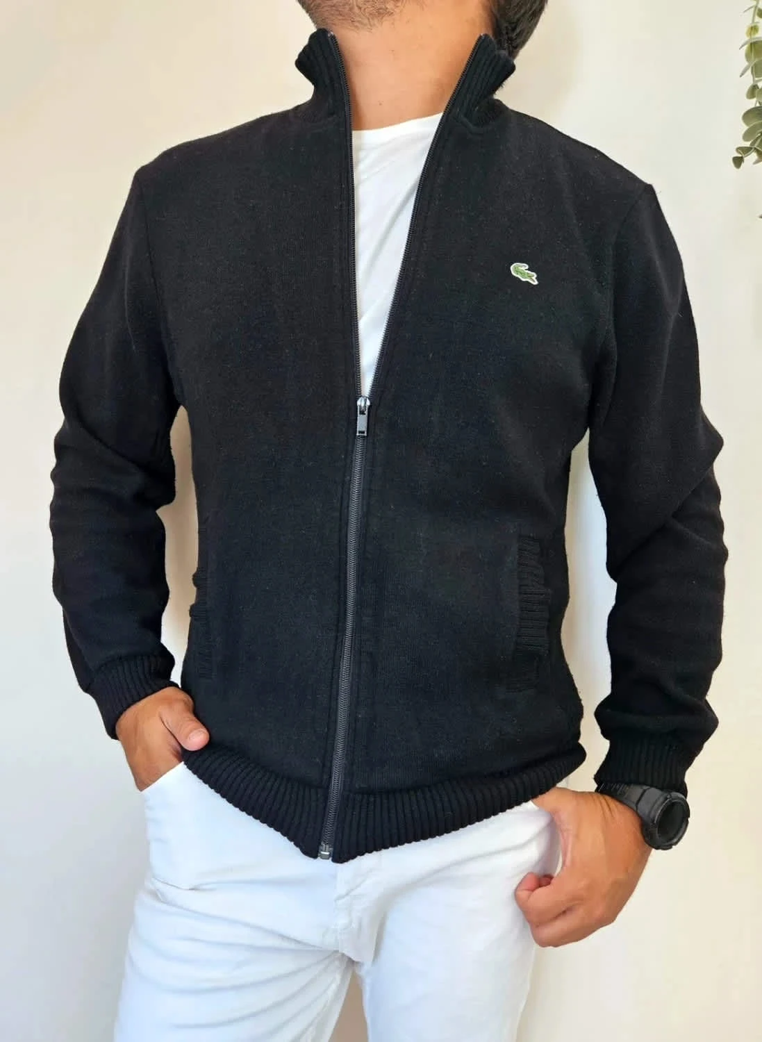 Veste full zip/Gilet noir Lacoste en laine taille 4/L