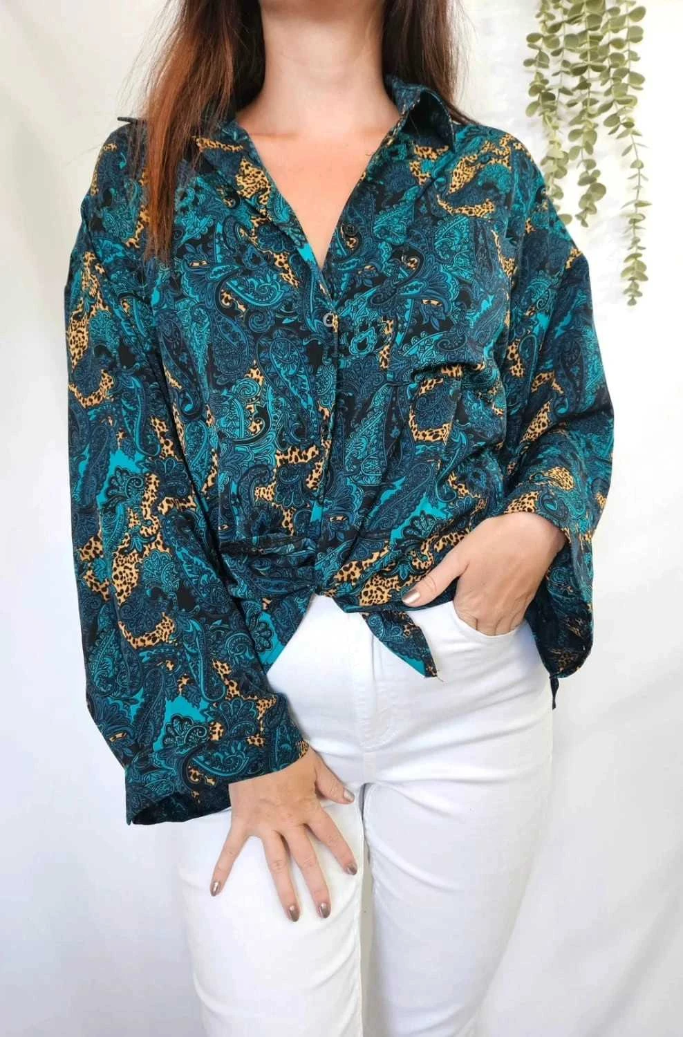 Chemise turquoise oversize à imprimé taille S