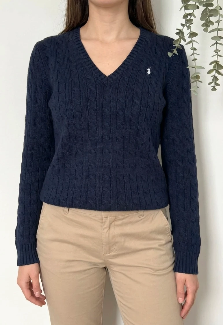 Pull col V torsadé Ralph Lauren Sport bleu marine taille XL