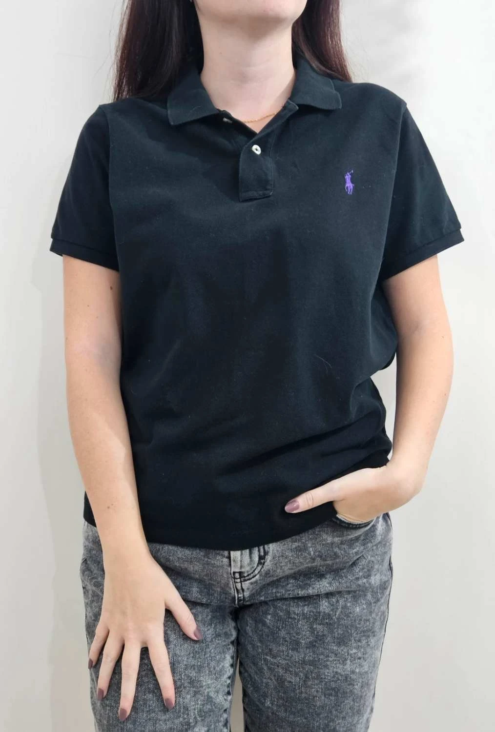 Polo Ralph Lauren The Skinny Polo noir coton piqué logo violet taille XL - FP25126