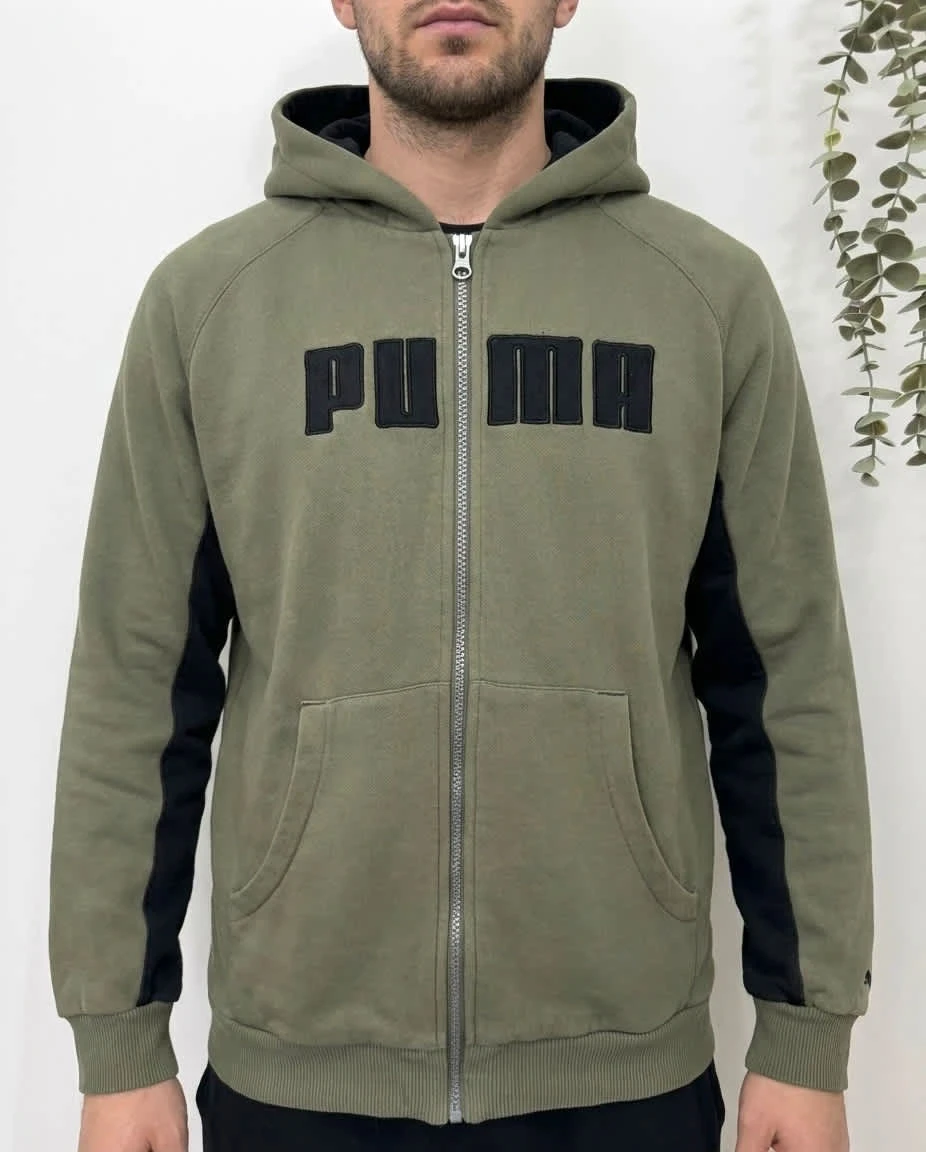 Sweat zippé à capuche veste Puma kaki logo brodé taille M - FP251287