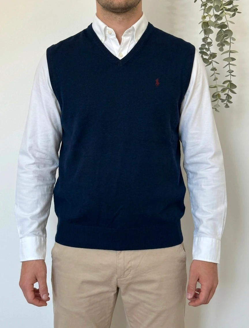 Pull sans manches Ralph Lauren pima cotton bleu marine logo pony bordeaux taille L - PP2603400
