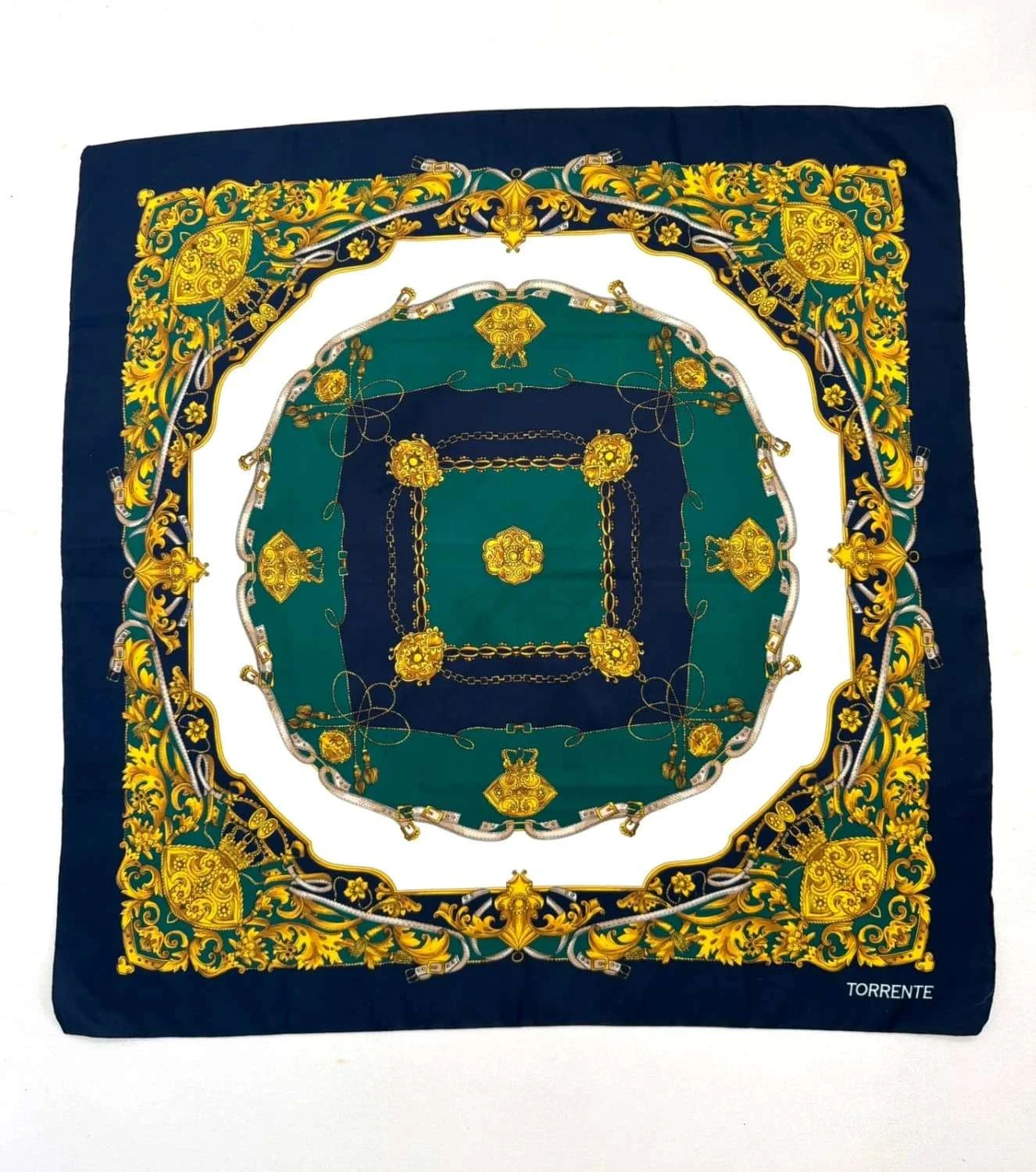 Foulard satin Torrente imprimé baroque bleu vert taille unique