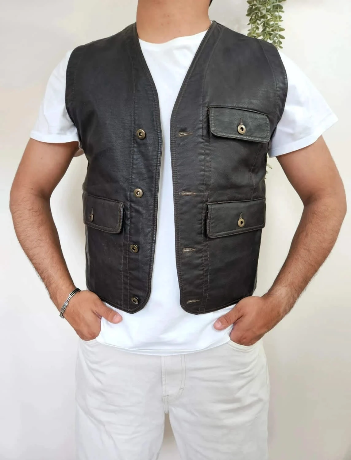 Gilet en cuir sans manches vintage marron Brugi taille L style utilitaire