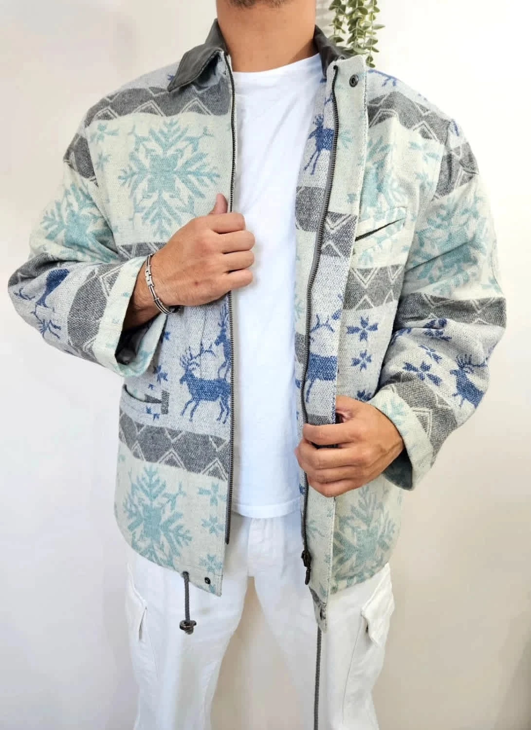 Veste en laine vintage col en cuir motifs hiver Unisexe taille 48