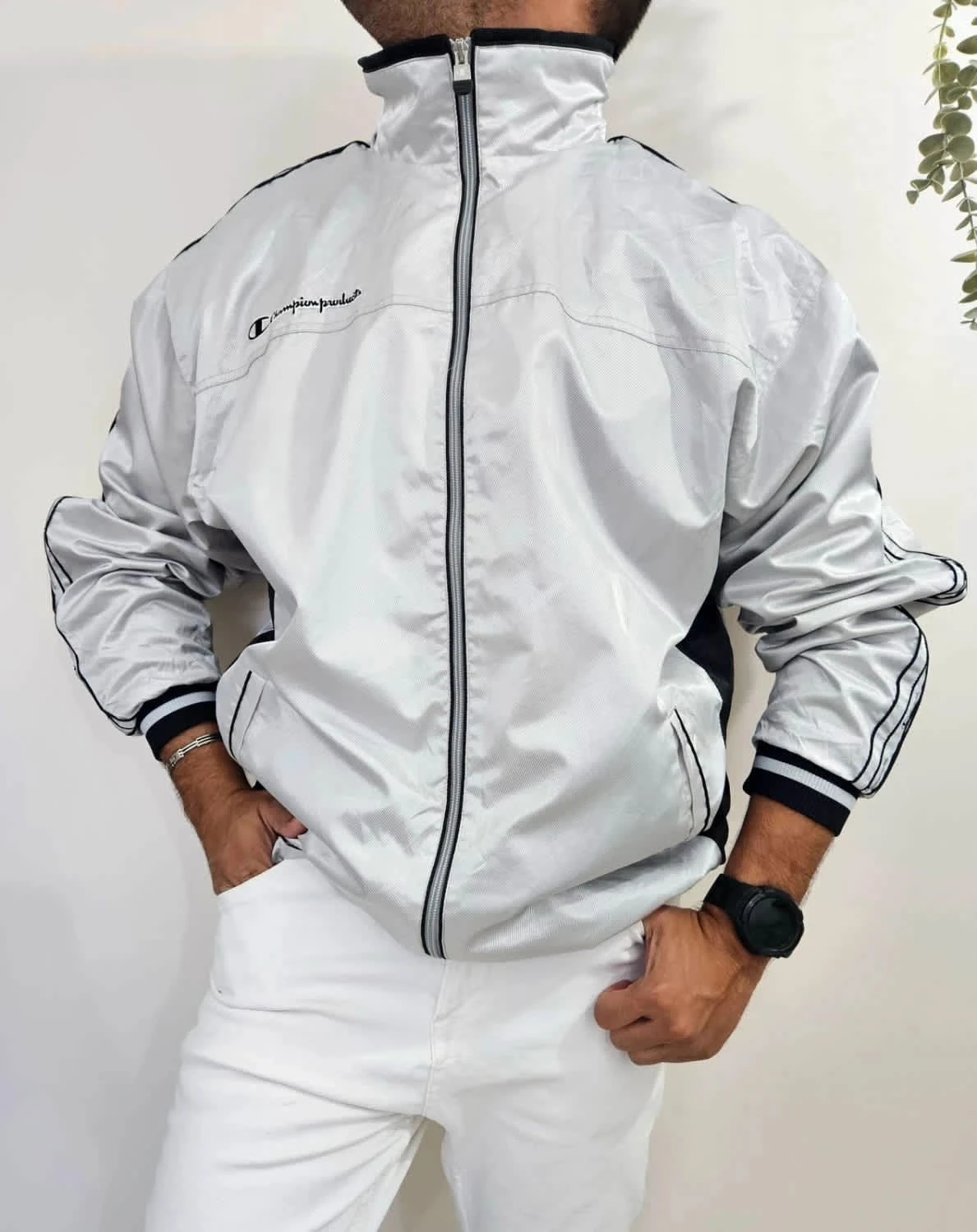 Veste/Track Jacket Windbreaker Champion Products vintage 90s argenté XO Jaspo rare