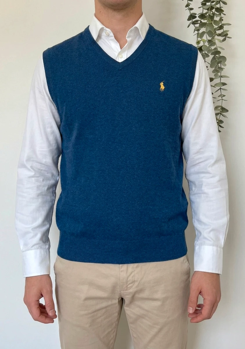 Pull sans manches Ralph Lauren bleu logo pony jaune taille M - PP2603291